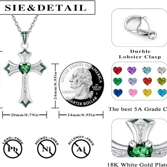 Cross Necklace for Women, Heart CZ Birthstone Pendant Necklace Crucifix, Birthda - Picture 4 of 7